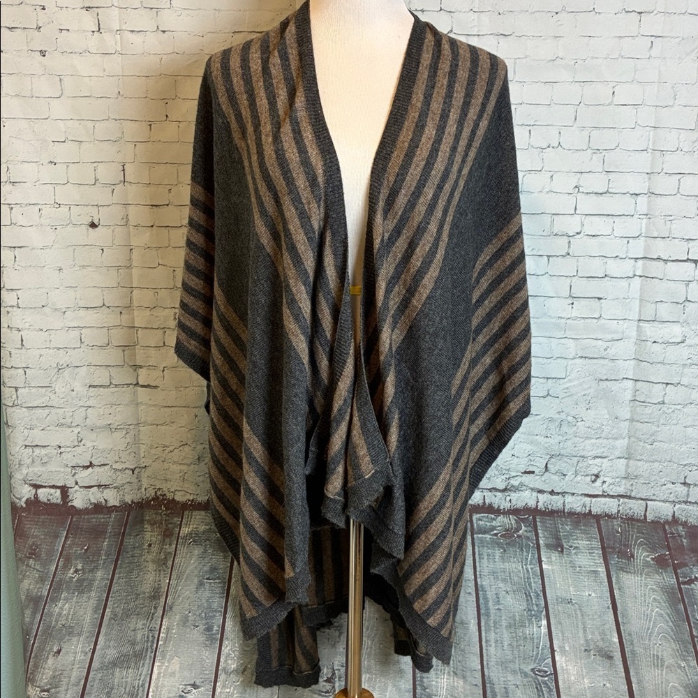Cashmere Poncho Cape Scarf Gray Tan Stripe Boho Western 100% Cashmere Handmade - Picture 3 of 16